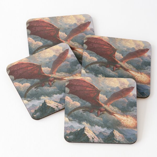 Item preview, A colossal Dragon soaring above jagged mountain peaks breathing streams of fire beneath storm-filled skies, Fantasy & Mythological Creatures designed and sold by CDC40.