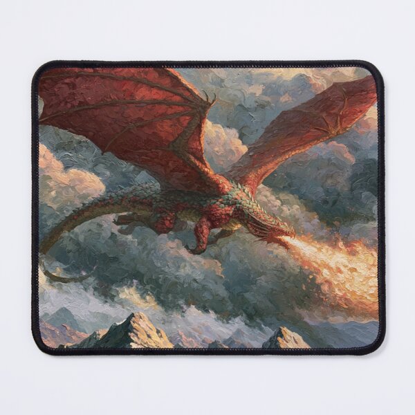 Item preview, A colossal Dragon soaring above jagged mountain peaks breathing streams of fire beneath storm-filled skies, Fantasy & Mythological Creatures designed and sold by CDC40.