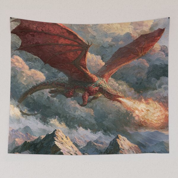 Item preview, A colossal Dragon soaring above jagged mountain peaks breathing streams of fire beneath storm-filled skies, Fantasy & Mythological Creatures designed and sold by CDC40.