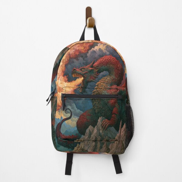 Item preview, A colossal Dragon soaring above jagged mountain peaks breathing streams of fire beneath storm-filled skies, Fantasy & Mythological Creatures designed and sold by CDC40.