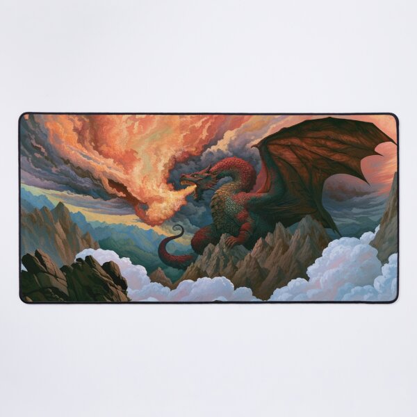 Item preview, A colossal Dragon soaring above jagged mountain peaks breathing streams of fire beneath storm-filled skies, Fantasy & Mythological Creatures designed and sold by CDC40.