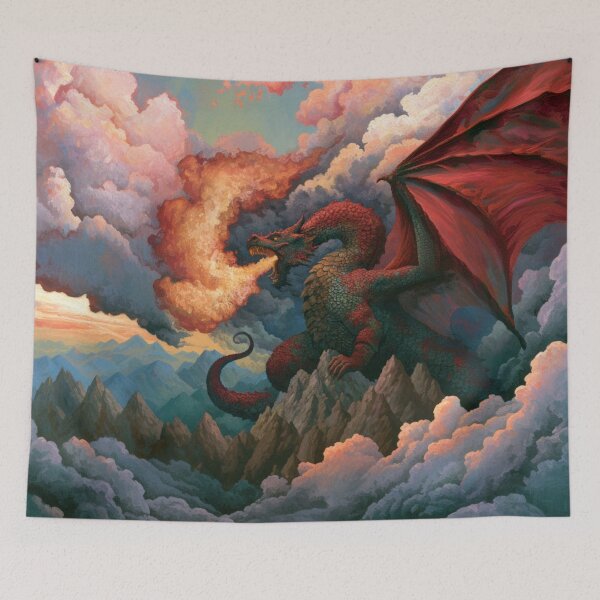 Item preview, A colossal Dragon soaring above jagged mountain peaks breathing streams of fire beneath storm-filled skies, Fantasy & Mythological Creatures designed and sold by CDC40.