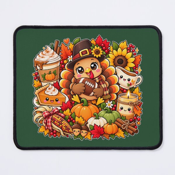 Item preview, Kawaii Thanksgiving Turkey Football Harvest, Cute Autumn Turkey with Pumpkin Spice, Pie, Corn and Fall Leaves designed and sold by ALH Apparel.