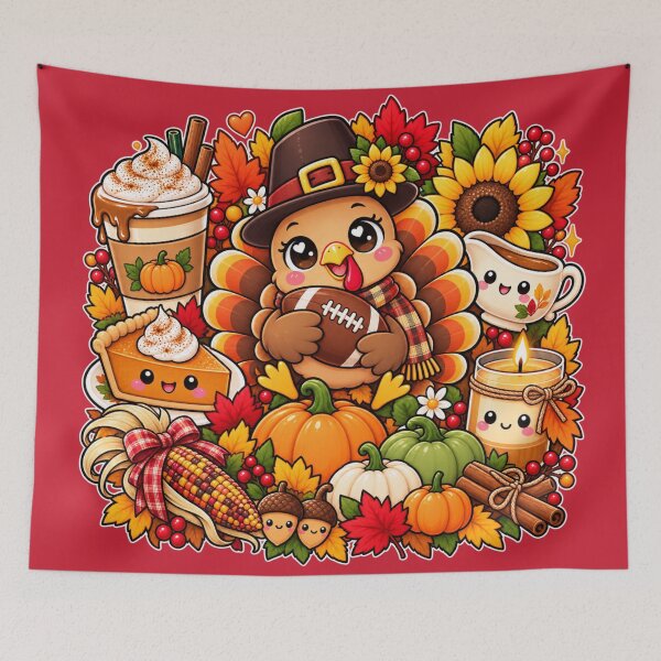 Item preview, Kawaii Thanksgiving Turkey Football Harvest, Cute Autumn Turkey with Pumpkin Spice, Pie, Corn and Fall Leaves designed and sold by ALH Apparel.