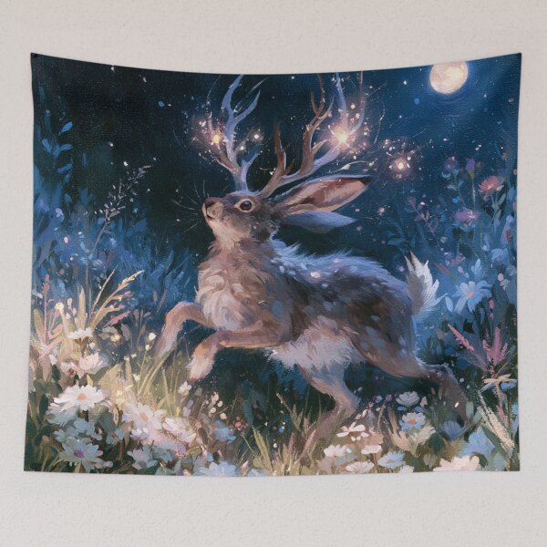 Item preview, A Jackalope sprinting through moonlit wildflower meadows, Fantasy & Mythological Creatures designed and sold by CDC40.