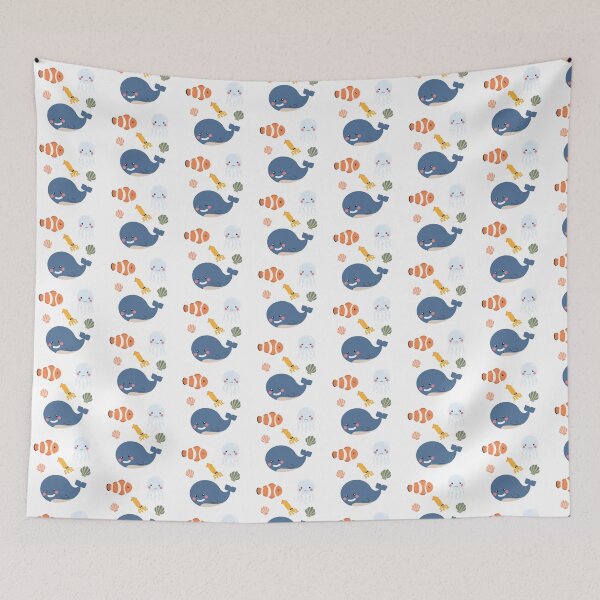 Item preview, Cute Kawaii Ocean Seamless Pattern with Jellyfish, Whales, Starfish and Seashells designed and sold by BengBenz.