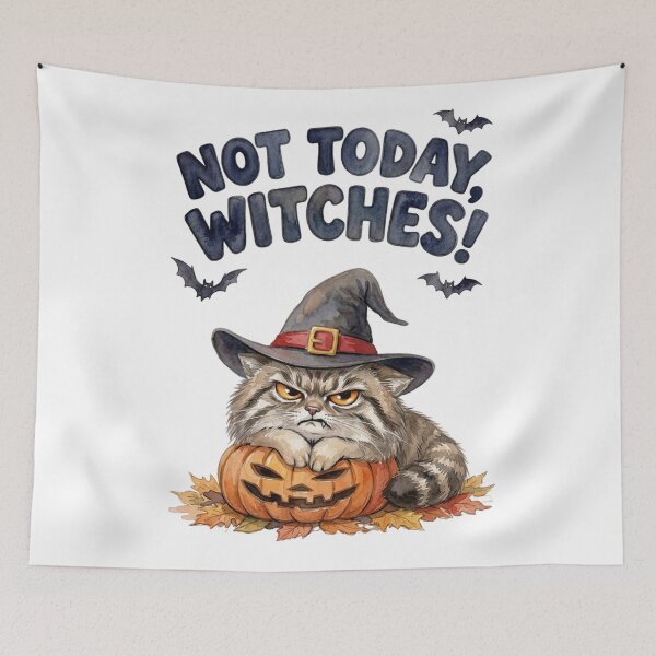 Item preview, Not Today Witches Grumpy Pallas Cat Witch Hat Halloween Watercolor designed and sold by PawtopiaArt.
