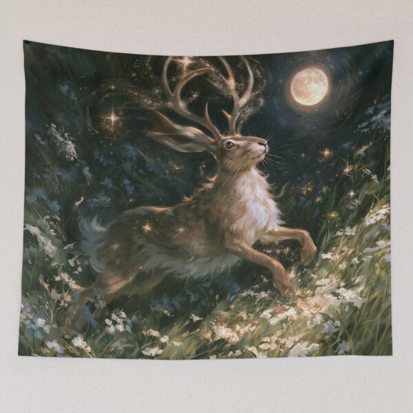 Item preview, A Jackalope sprinting through moonlit wildflower meadows, Fantasy & Mythological Creatures designed and sold by CDC40.