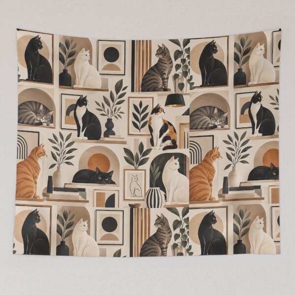 Item preview, Elegant Scandinavian Cats Pattern | Nordic Floral Cat Design designed and sold by Aramdesing.