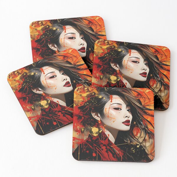 Item preview, Vibrant Asian Portrait with Red and Gold Ink Splashes designed and sold by ToxicInkArt.