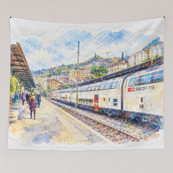 Item preview, Swiss SBB Train Station Digital Watercolor Art designed and sold by SlavaArt.