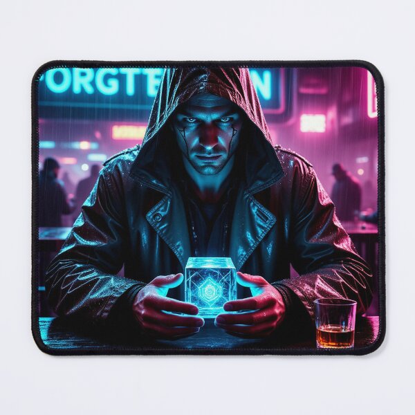 Item preview, Cyberpunk Man Holding Glowing Blue Cube designed and sold by Marcello Aivazi.