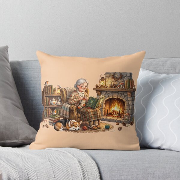 Item preview, Grandma Reading by Fireplace Cozy Cottagecore Art designed and sold by SebastianSpace.