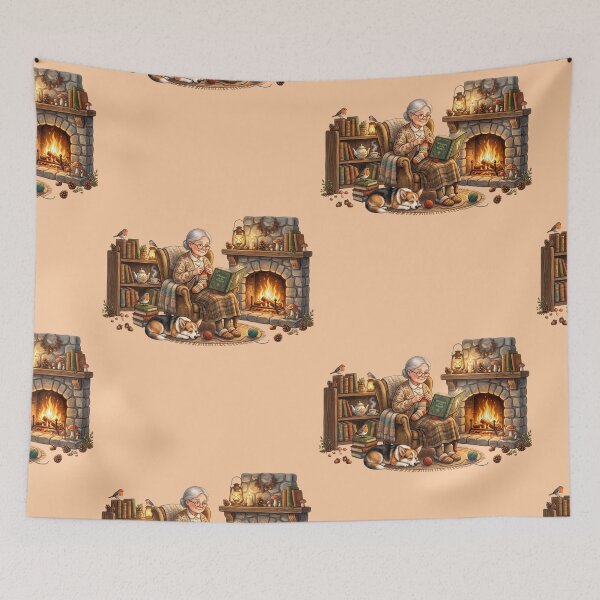 Item preview, Grandma Reading by Fireplace Cozy Cottagecore Art designed and sold by SebastianSpace.