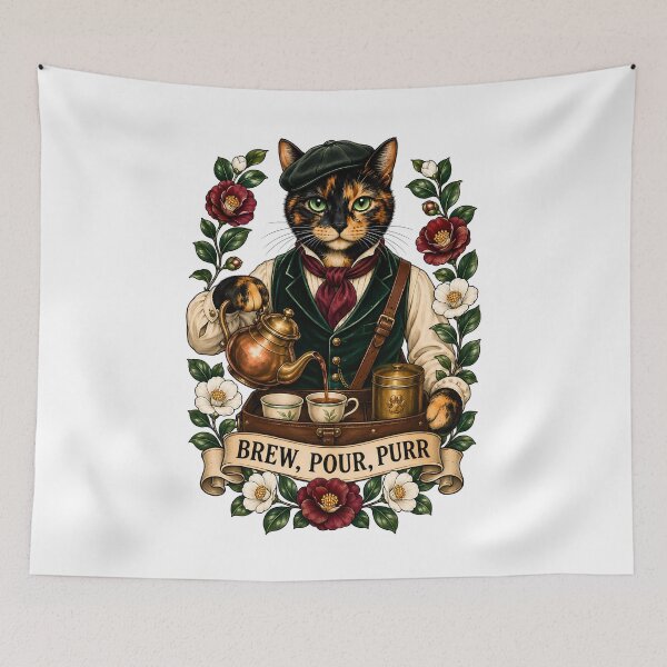 Item preview, Brew Pour Purr Vintage Tea Cat Art designed and sold by Old's Cool Cat Studio.