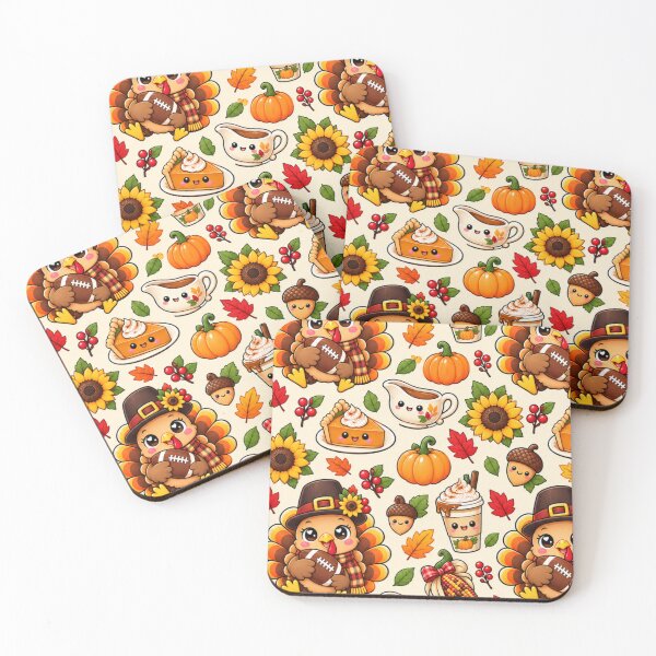 Item preview, Kawaii Thanksgiving Turkey Football Pattern, Cute Fall Harvest with Pumpkins, Pumpkin Pie, Sunflowers and Autumn Leaves designed and sold by ALH Apparel.