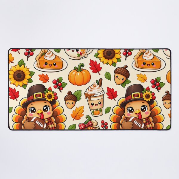 Item preview, Kawaii Thanksgiving Turkey Football Pattern, Cute Fall Harvest with Pumpkins, Pumpkin Pie, Sunflowers and Autumn Leaves designed and sold by ALH Apparel.
