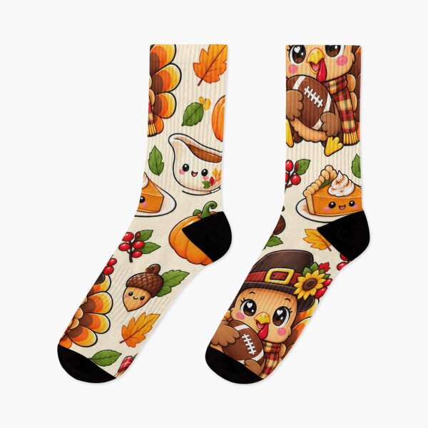 Item preview, Kawaii Thanksgiving Turkey Football Pattern, Cute Fall Harvest with Pumpkins, Pumpkin Pie, Sunflowers and Autumn Leaves designed and sold by ALH Apparel.