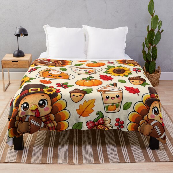 Item preview, Kawaii Thanksgiving Turkey Football Pattern, Cute Fall Harvest with Pumpkins, Pumpkin Pie, Sunflowers and Autumn Leaves designed and sold by ALH Apparel.