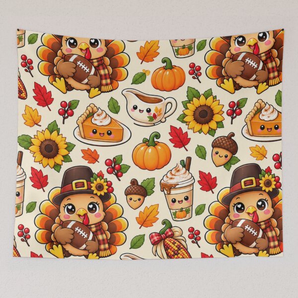 Item preview, Kawaii Thanksgiving Turkey Football Pattern, Cute Fall Harvest with Pumpkins, Pumpkin Pie, Sunflowers and Autumn Leaves designed and sold by ALH Apparel.