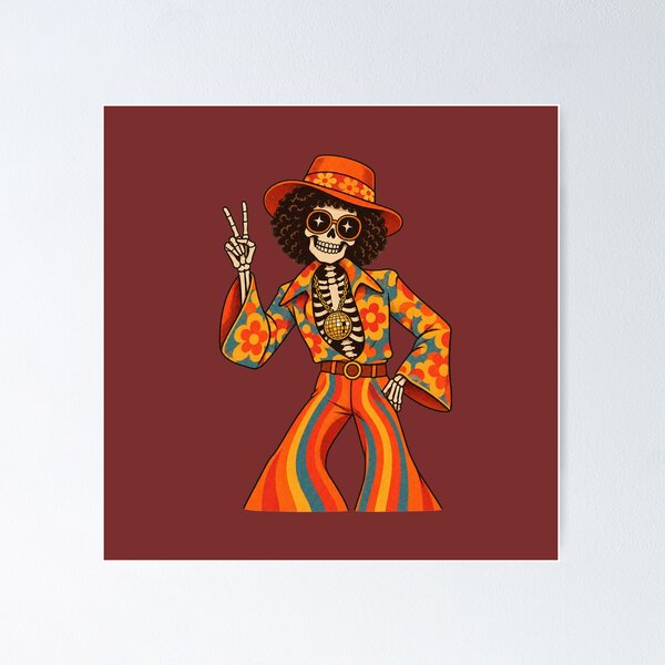 Item preview, Retro 1970s Disco Skeleton Peace Sign Art – Groovy Halloween Print designed and sold by MagicMakerPh.