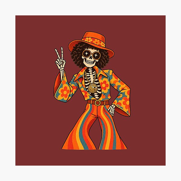 Item preview, Retro 1970s Disco Skeleton Peace Sign Art – Groovy Halloween Print designed and sold by MagicMakerPh.