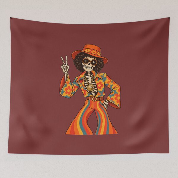 Item preview, Retro 1970s Disco Skeleton Peace Sign Art – Groovy Halloween Print designed and sold by MagicMakerPh.