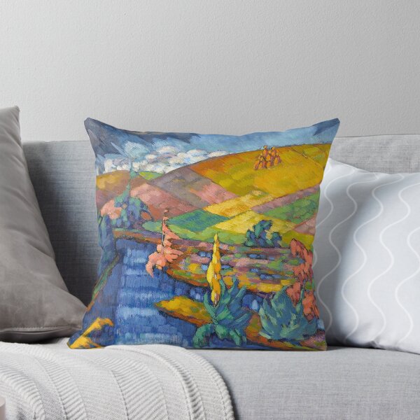 Item preview, Colorful tartan harvest fields overlooking Puhajarv Lake landscape painting by Konrad Magi designed and sold by Jéanpaul  Ferro.