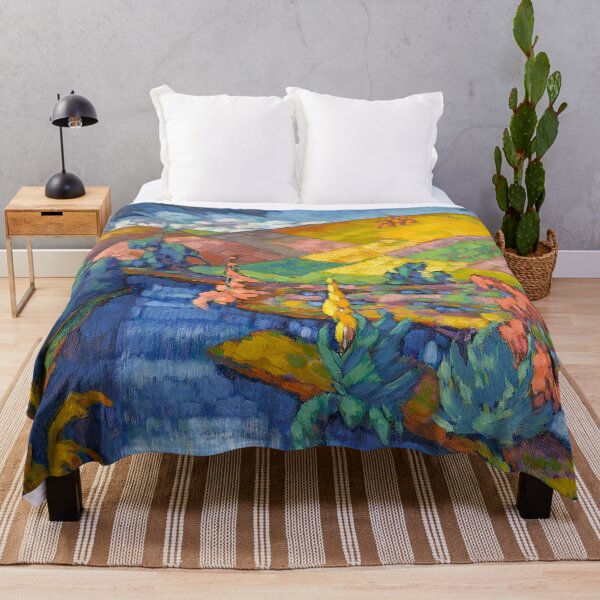 Item preview, Colorful tartan harvest fields overlooking Puhajarv Lake landscape painting by Konrad Magi designed and sold by Jéanpaul Ferro.