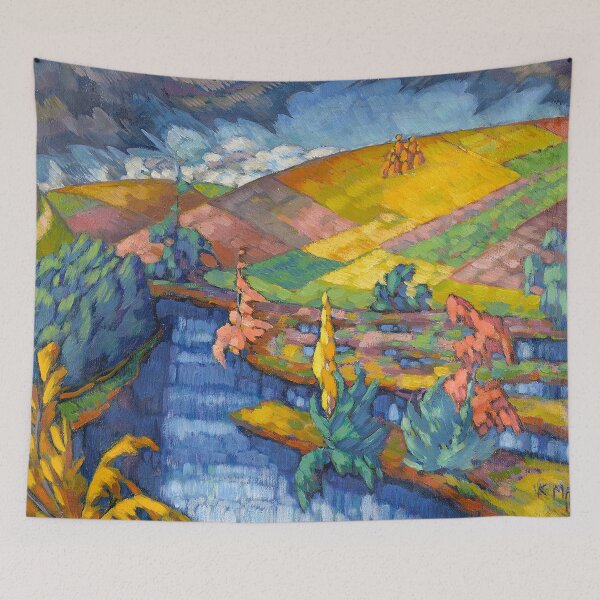 Item preview, Colorful tartan harvest fields overlooking Puhajarv Lake landscape painting by Konrad Magi designed and sold by Jéanpaul  Ferro.