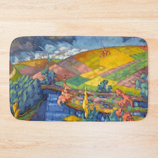 Item preview, Colorful tartan harvest fields overlooking Puhajarv Lake landscape painting by Konrad Magi designed and sold by Jéanpaul  Ferro.