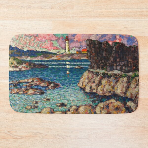 Item preview, Coastal pink sunrise over rocky coastline and lighthouse seaside landscape pointillism painting print by Konrad Magi designed and sold by Jéanpaul  Ferro.