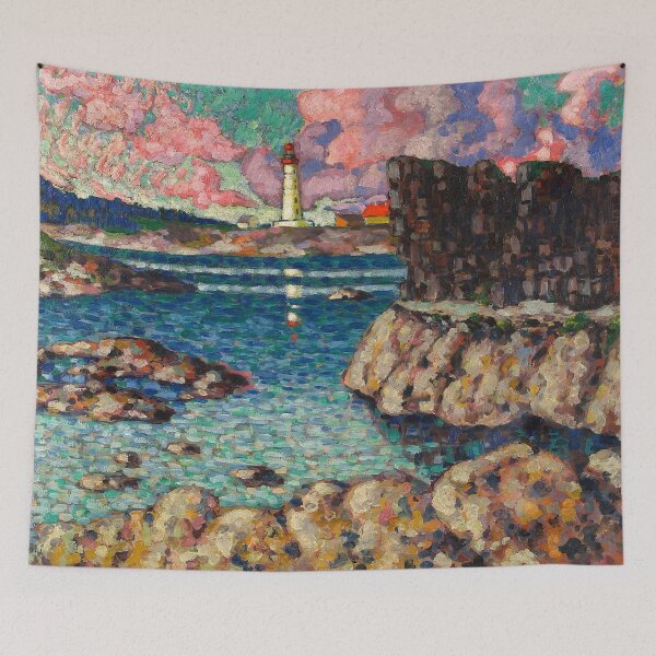 Item preview, Coastal pink sunrise over rocky coastline and lighthouse seaside landscape pointillism painting print by Konrad Magi designed and sold by Jéanpaul  Ferro.