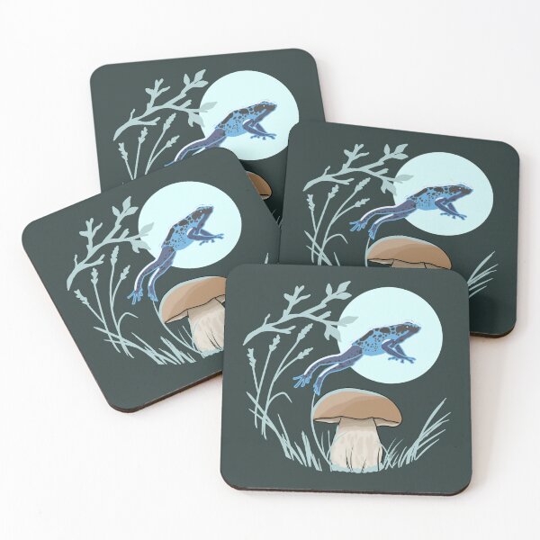 Item preview, Blue Frog Jumping Over Mushroom Cottagecore Art designed and sold by LeshanArt.