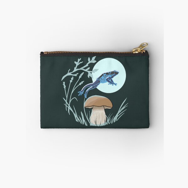 Item preview, Blue Frog Jumping Over Mushroom Cottagecore Art designed and sold by LeshanArt.