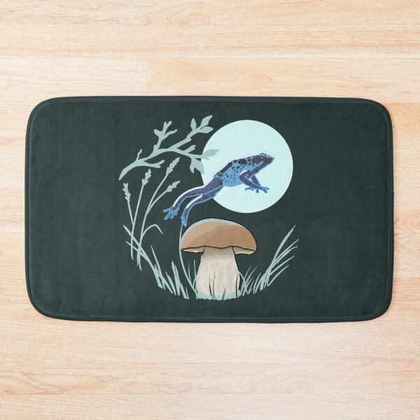 Item preview, Blue Frog Jumping Over Mushroom Cottagecore Art designed and sold by LeshanArt.