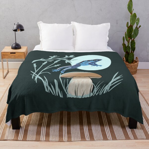 Item preview, Blue Frog Jumping Over Mushroom Cottagecore Art designed and sold by LeshanArt.