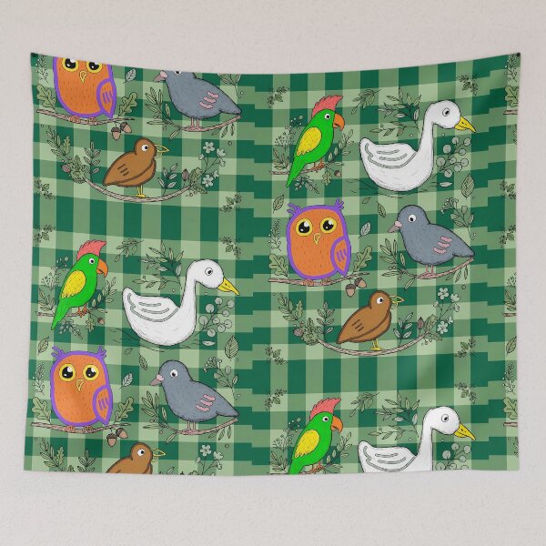 Item preview, Cute Bird pattern on Green plaid/checked Pattern designed and sold by REDCLASH2002.