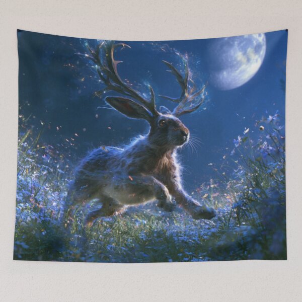 Item preview, A Jackalope sprinting through moonlit wildflower meadows, Fantasy & Mythological Creatures designed and sold by CDC40.