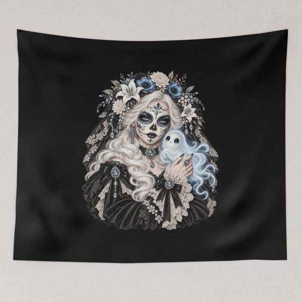 Item preview, Catrina with a Little Ghost – Spooky Cute Gothic Familiar designed and sold by Lichtisign.
