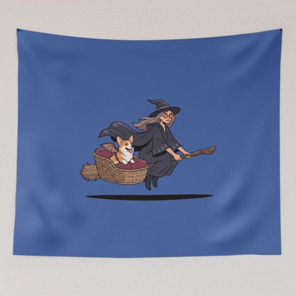 Item preview, Witch Flying With A Bat Wing Corgi designed and sold by Rare By Hero.