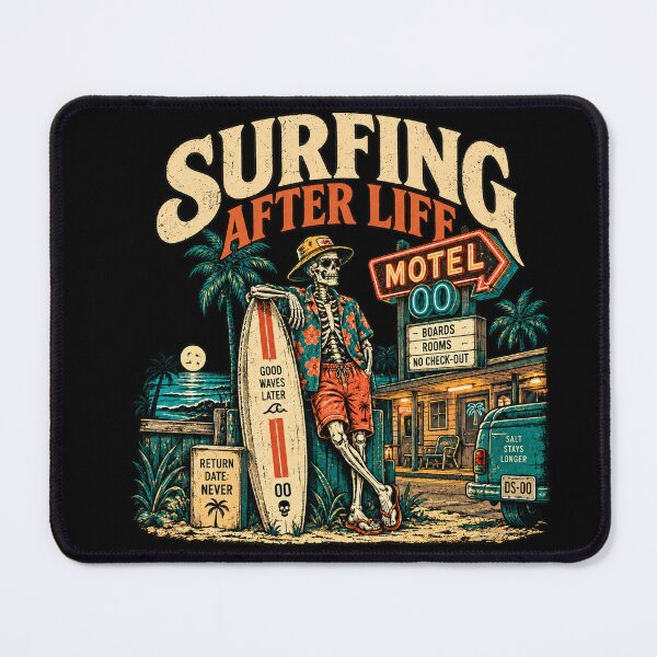 Item preview, Title: Surfing After Life – Vintage Skeleton Surf Motel Graphic designed and sold by PhilllandArt.