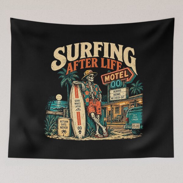 Item preview, Title: Surfing After Life – Vintage Skeleton Surf Motel Graphic designed and sold by PhilllandArt.