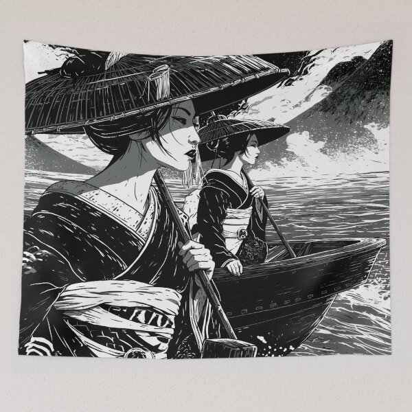 Item preview, Ukiyo-e Women in Boat Black and White Manga Art designed and sold by GrinGalore.