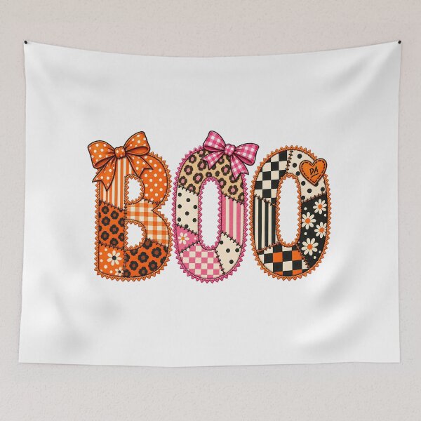 Item preview, Patchwork BOO Coquette Bow Ribbon Halloween Typography Art designed and sold by DesignArtist.ia.