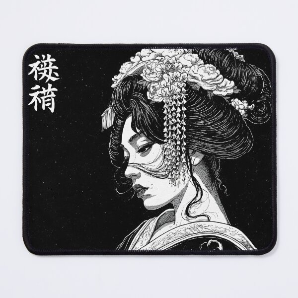 Item preview, Ukiyo-e Geisha Portrait Black and White Manga Linocut Art designed and sold by GrinGalore.