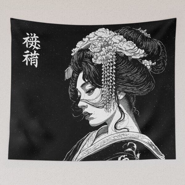 Artikelvorschau, Ukiyo-e Geisha-Porträt, Schwarz-Weiß-Manga-Linolschnitt entworfen und verkauft von GrinGalore.