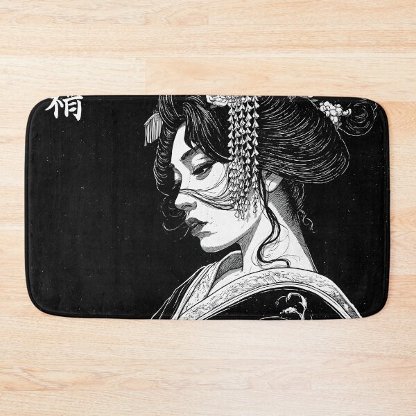 Item preview, Ukiyo-e Geisha Portrait Black and White Manga Linocut Art designed and sold by GrinGalore.