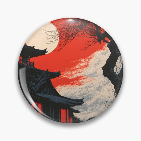 Item preview, Ukiyo-e Japanese Pagoda Landscape Red Sky Moon Art designed and sold by GrinGalore.