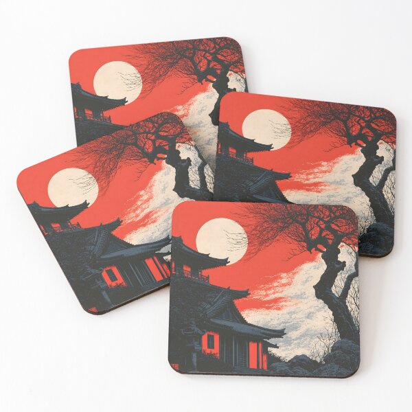 Item preview, Ukiyo-e Japanese Pagoda Landscape Red Sky Moon Art designed and sold by GrinGalore.